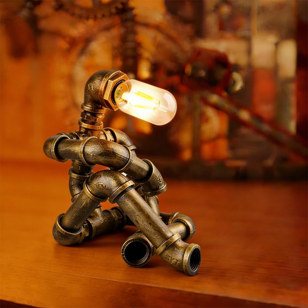 Steampunk Table Lamp, Creative Robot Style Desk Lamp Vintage Industrial Water Pipe Light for Bedside Table Nightstand Bar Restaurant Café