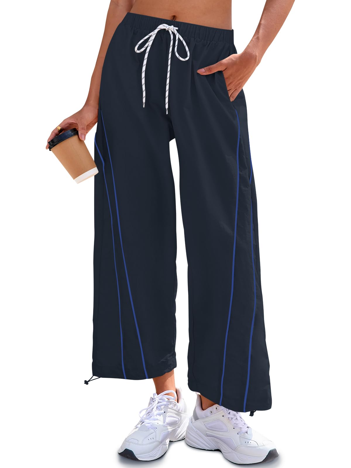 Fisoew Womens Baggy Wide Leg Pants Casual Elastic Waist Drawstring Hiking Workout Cropped Pants with Pockets