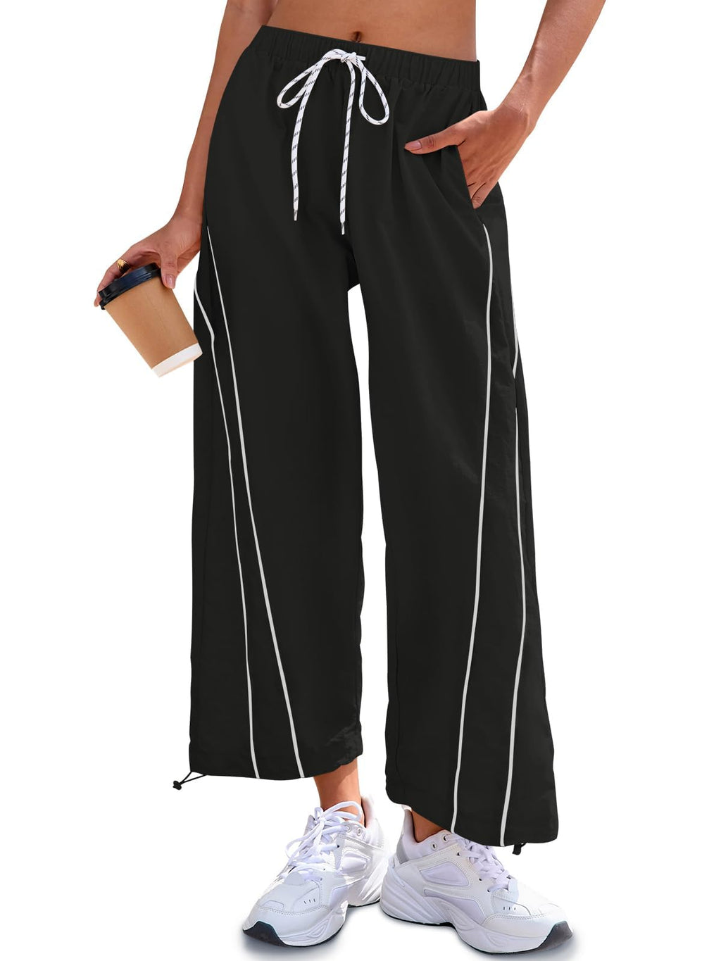 Fisoew Womens Baggy Wide Leg Pants Casual Elastic Waist Drawstring Hiking Workout Cropped Pants with Pockets