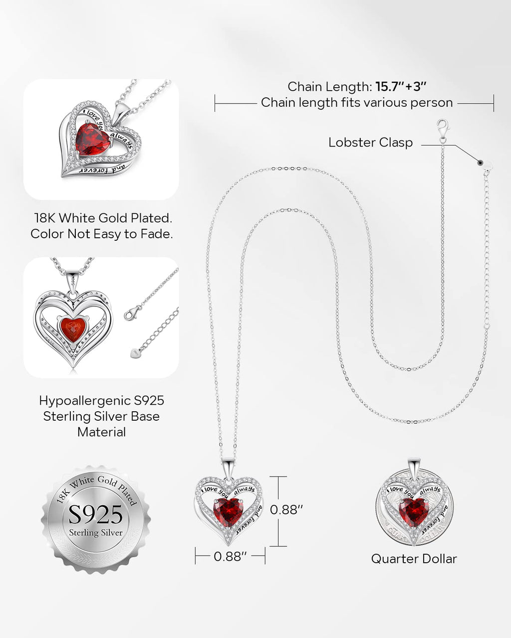 S925 Sterling Silver Necklace for Women, Wife Jewelry Rose Gold, Mom Birthday Valentines Mothers Day Gifts, Girlfriend Necklaces, Daughter Heart Jewel, Anniversary for Her
