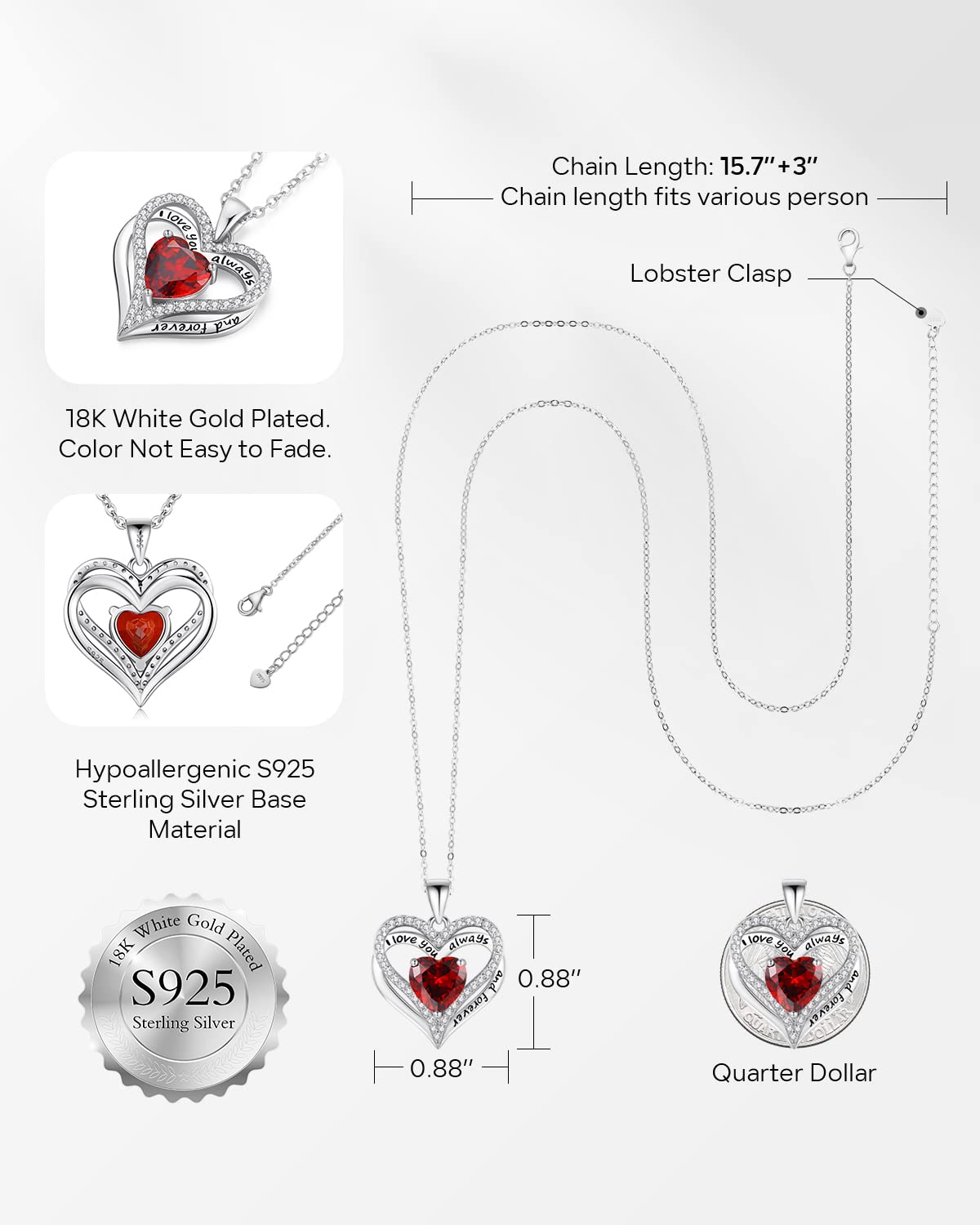 S925 Sterling Silver Necklace for Women, Wife Jewelry Rose Gold, Mom Birthday Valentines Mothers Day Gifts, Girlfriend Necklaces, Daughter Heart Jewel, Anniversary for Her