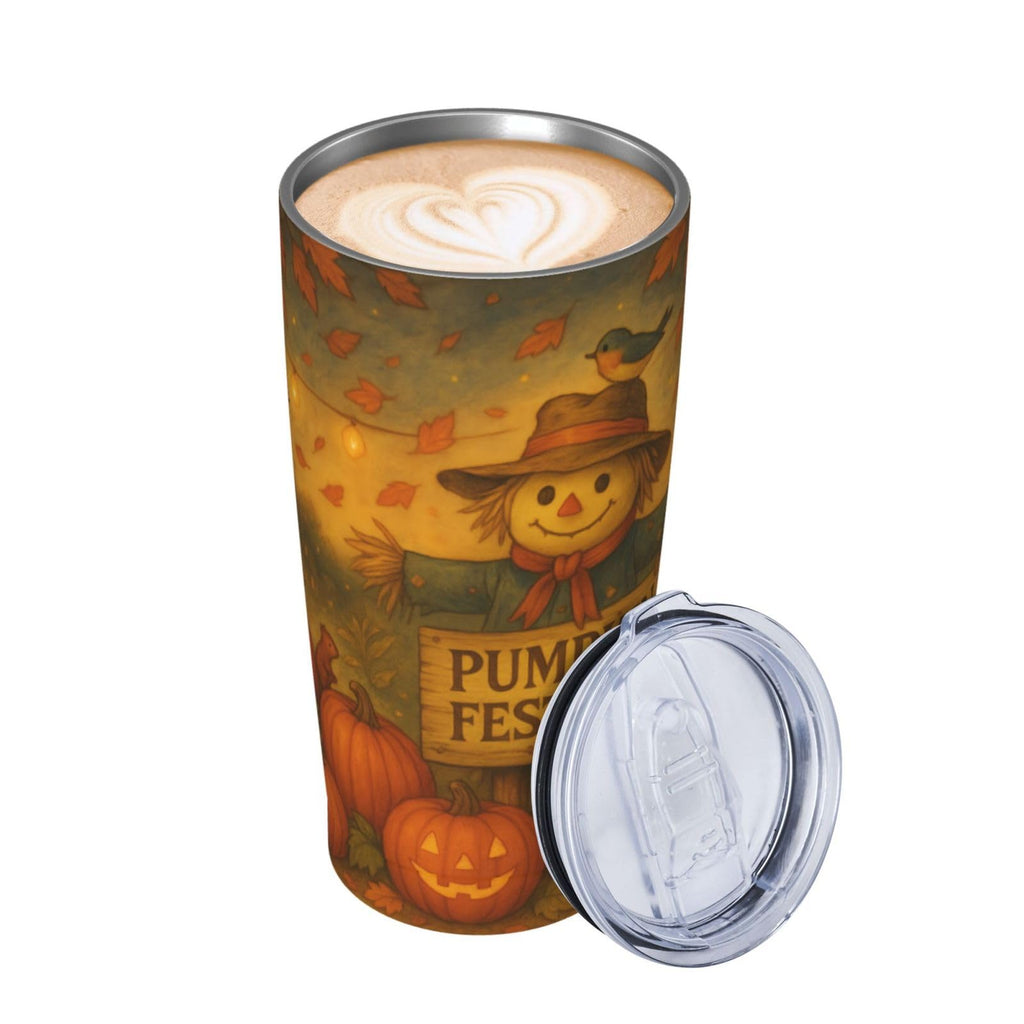 Fall Tumbler with Lid and Straw - 20oz Pumpkin Festival Coffee Tumbler Insulated Stainless Steel Mug, Autumn Harvest Scarecrow Cup, Thanksgiving Travel Mug, Fall Gifts for Women