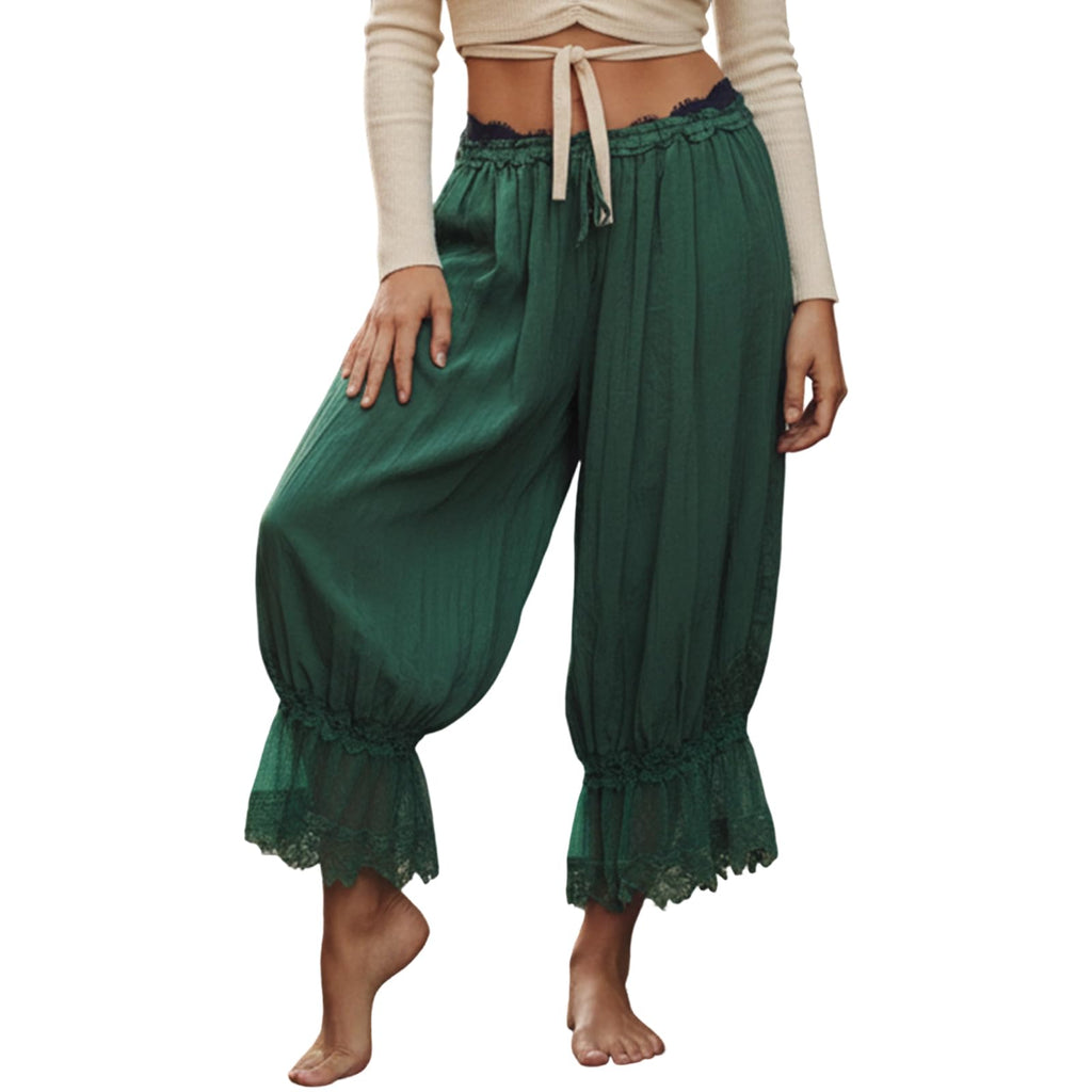 Women Bloomers Pants Y2K Flare Lace Trim Vintage Pantaloons Cute Ruffled Pumpkin Pants Capri Pajama Bottoms