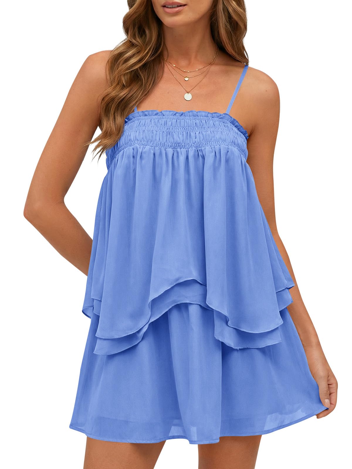 Wenrine Womens Summer Two Piece Skirt Sets Casual Smocked Cami Tops Mini Skirts Ruffle Tiered Flowy Vacation Set
