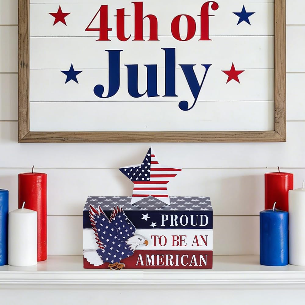 DECSPAS 4th of July Decorations, Memorial Day Decorations, Wooden Stacked Books Sign with Stars, Patriotic Independence Day American Eagle Decor for The Home, Fourth of July, Tiered Tray Table Mantel