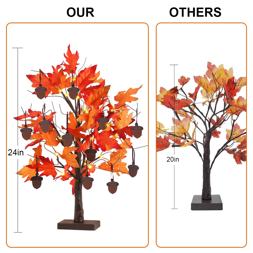 YEAHOME Fall Decorations for Home, Thanksgiving Decorations, 24”/2FT Lighted Fall Maple Leaves Tree with 24 LEDs for Autumn Decor, 12 Wood Acorns Ornaments Battery Powered Timer for Table Indoor