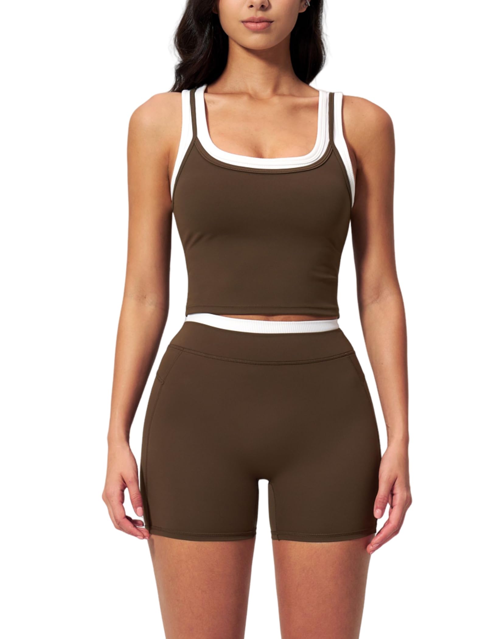 Women 2 Piece Workout Sets Racerback Color Block Tank Top High Waist Tummy Control Shorts Yoga Outfits