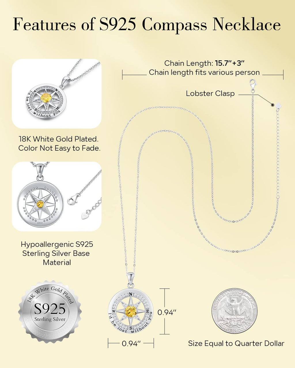 S925 Necklace Gift for Wife |Compass Jewelry |Women Anniversary |Sterling Silver |Girlfriend Birthday Gifts for Her Valentines |I'd be Lost without You |Jewel 18K Gold