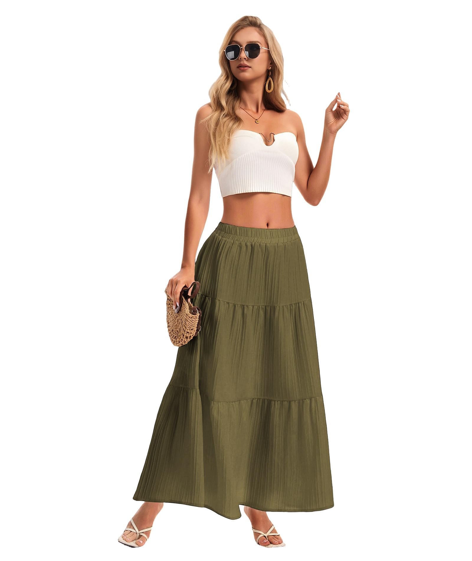 Womens Maxi Skirt Boho Long Flowy Skirts Trendy Summer 2026 Tiered Ruffle Skirt A Line Casual Beach Vacation Dress