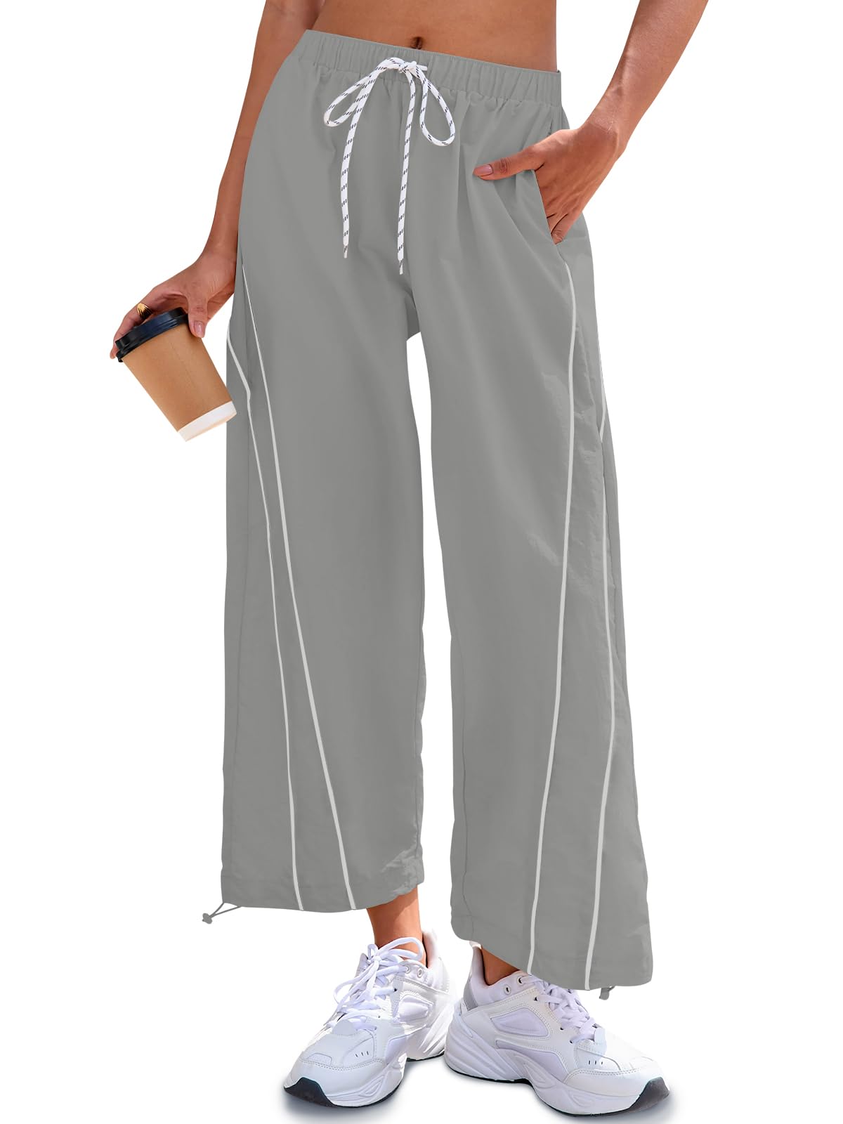 Fisoew Womens Baggy Wide Leg Pants Casual Elastic Waist Drawstring Hiking Workout Cropped Pants with Pockets