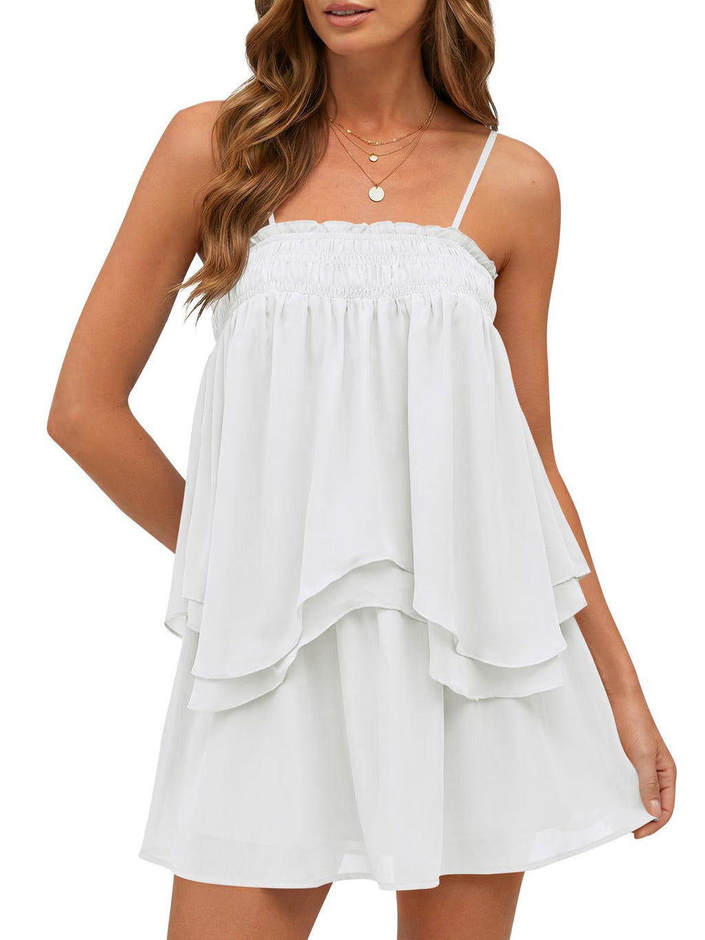 Wenrine Womens Summer Two Piece Skirt Sets Casual Smocked Cami Tops Mini Skirts Ruffle Tiered Flowy Vacation Set