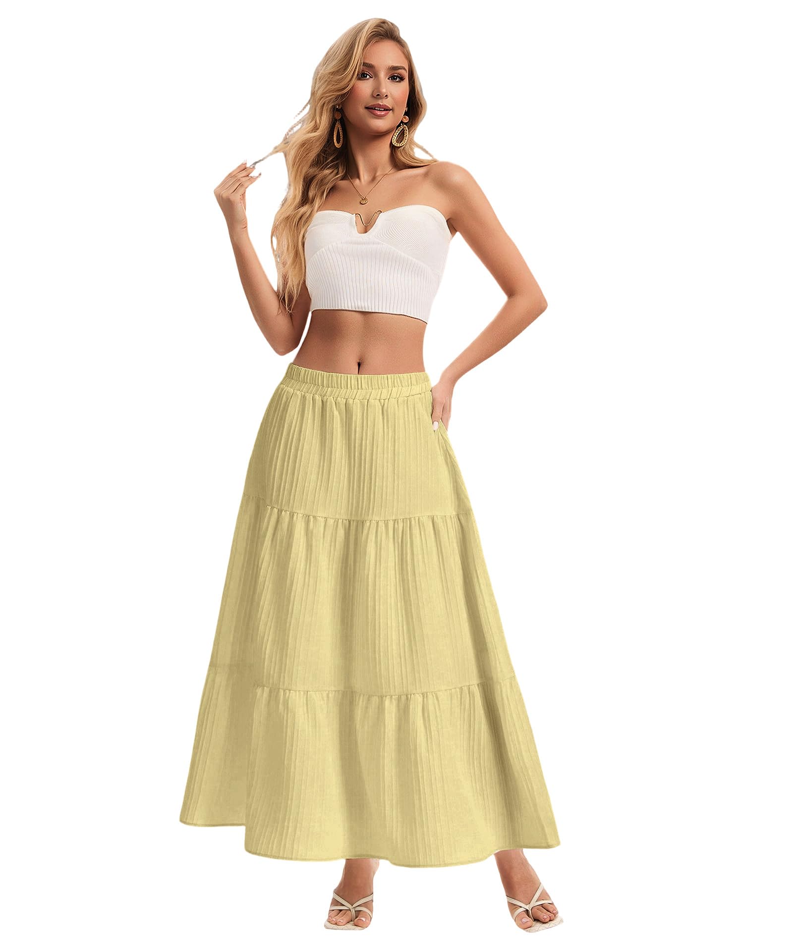 Womens Maxi Skirt Boho Long Flowy Skirts Trendy Summer 2026 Tiered Ruffle Skirt A Line Casual Beach Vacation Dress