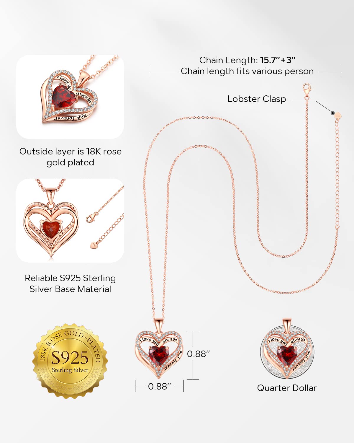 S925 Sterling Silver Necklace for Women, Wife Jewelry Rose Gold, Mom Birthday Valentines Mothers Day Gifts, Girlfriend Necklaces, Daughter Heart Jewel, Anniversary for Her