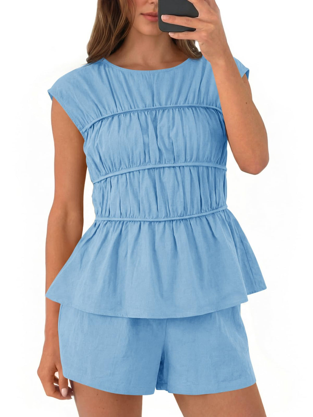 Tankaneo Womens Summer Smocked 2 Piece Short Sets Cap Sleeve Babydoll Peplum Blouse Casual Matching Set Vacation Outfits