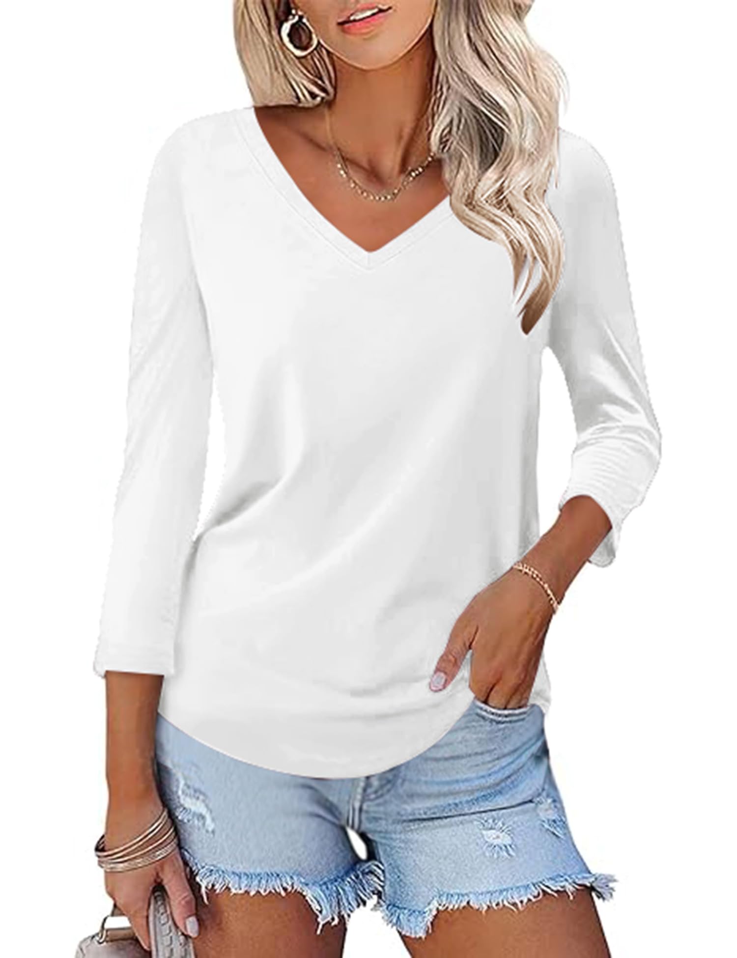 KTILG Women's V Neck T Shirts 3/4 Sleeve Blouse Summer Tops Dressy Casual Solid Basic Tees