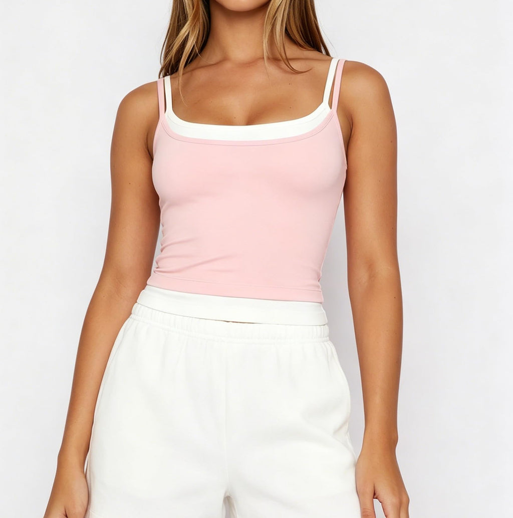 Women Double Layered Tank Tops Spaghetti Strap Yoga Workout Tops Camis Casual Going Out Cropped Top