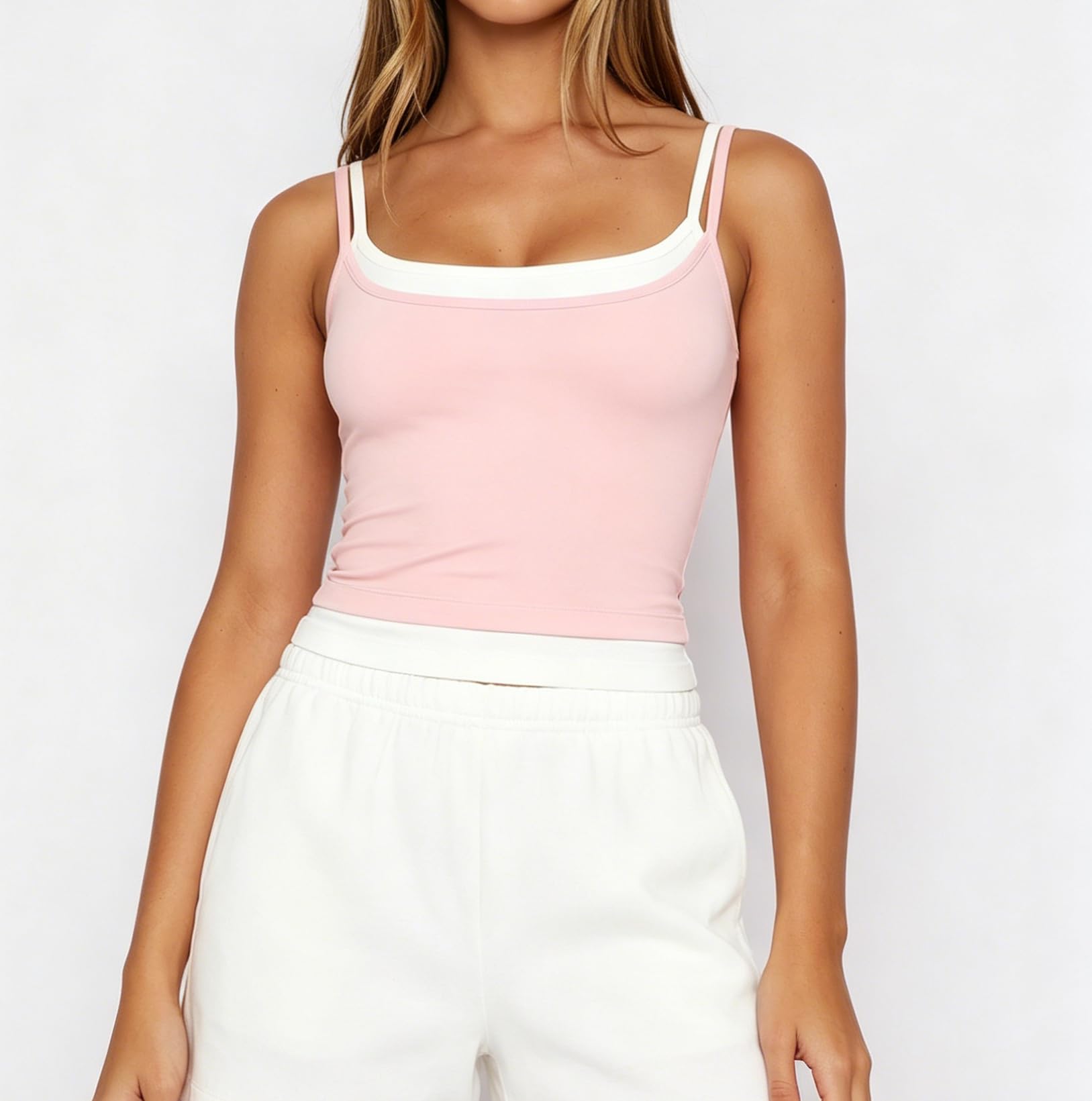 Women Double Layered Tank Tops Spaghetti Strap Yoga Workout Tops Camis Casual Going Out Cropped Top