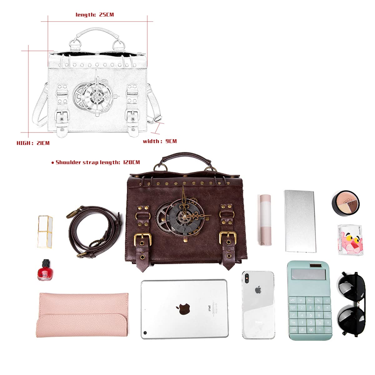 Messenger Bag Leather Retro Briefcase Steampunk Crossbody Shoulder Purse Satchel for Women Lolita Gothic Costume Accessory