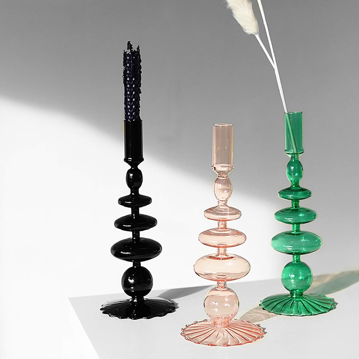 Glass Candlesticks Holders, Retro Glass Candle Holder for Taper Candle Table Centerpiece Wedding Party Home Decoration, Oliver Green