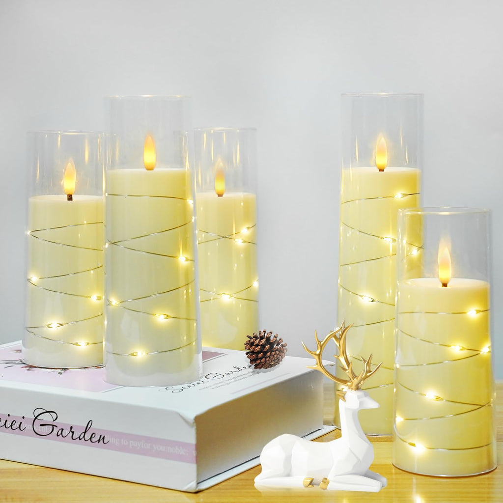 kakoya Flameless LED Candles with Timer 5 Pc Flickering Flameless Candles for Romantic Ambiance and Home Decoration Stable Acrylic Shell,with Embedded Star String，Battery Operated Candles（Red）