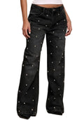 Unybwonn Women Straight Leg Jeans Rhinestone High Waisted Wide Leg Pearl Denim Pants Bling Glitter Studded Y2k Trousers