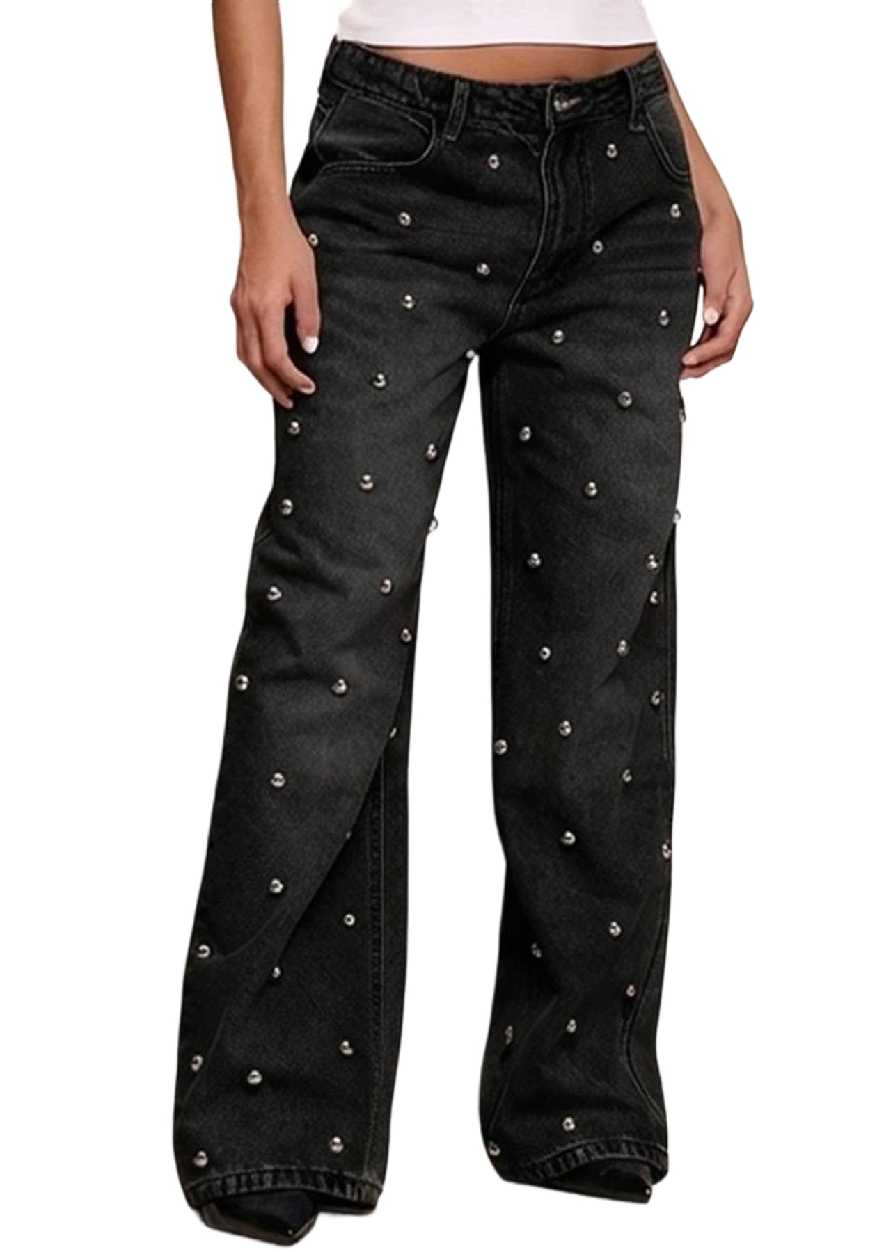 Unybwonn Women Straight Leg Jeans Rhinestone High Waisted Wide Leg Pearl Denim Pants Bling Glitter Studded Y2k Trousers