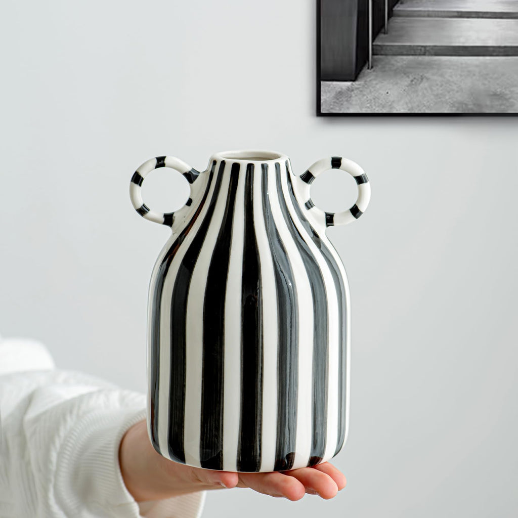 LCCCK Red and White Ceramic Vase, Mid Century Modern Striped Small Vases for Flower&Pampas Grass Centerpiece, Red White Checkered Vase for Dining Table Kitchen Tabletop Minimalist Decorative