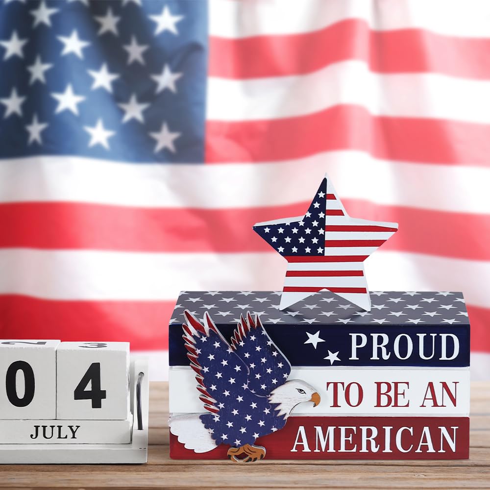 DECSPAS 4th of July Decorations, Memorial Day Decorations, Wooden Stacked Books Sign with Stars, Patriotic Independence Day American Eagle Decor for The Home, Fourth of July, Tiered Tray Table Mantel