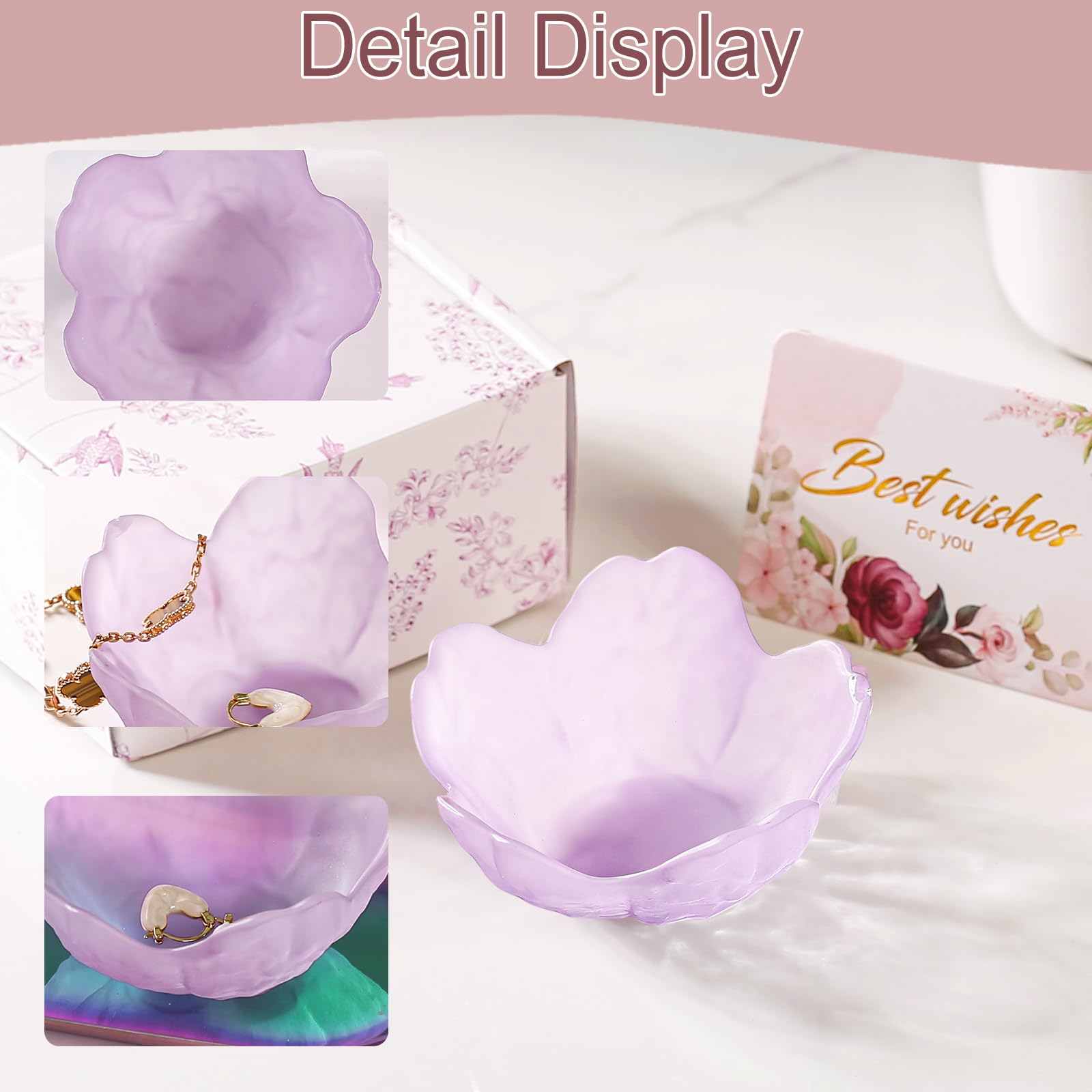 Purple Flower Jewelry Dish Glass Ring Holder Dish Jewelry Tray Cute Vanity Organizer Aesthetic Nightstand Bathroom Room Decor Trinket Dish Mothers Day Friendship Christmas Birthday Gifts for Women