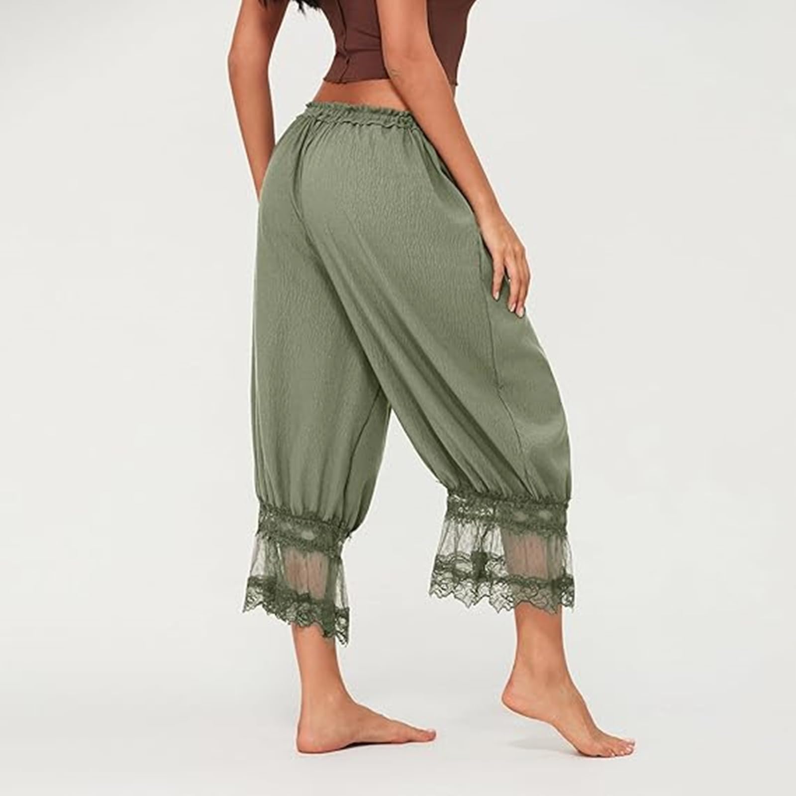 Women Bloomers Pants Y2K Flare Lace Trim Vintage Pantaloons Cute Ruffled Pumpkin Pants Capri Pajama Bottoms