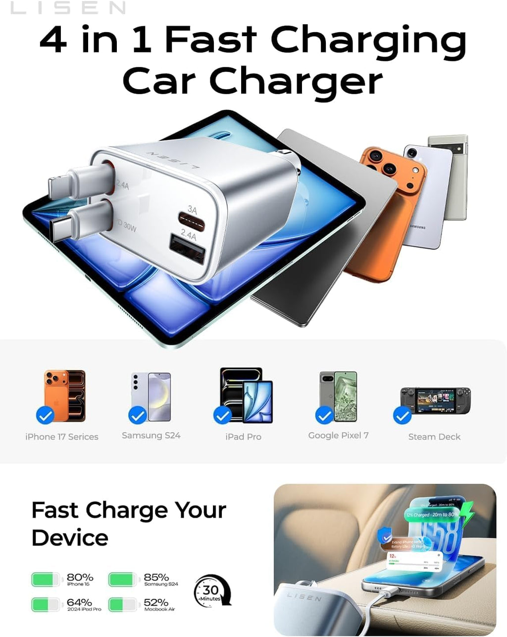 LISEN Retractable Car Charger, 84W Car Charger USB C Fast Charger Adapter for iPhone, Car Accessories for Men Women, Gifts for Fathers Day for Men Dad Husband, for iPhone 17 16 15 14 13 12 11 Samsung