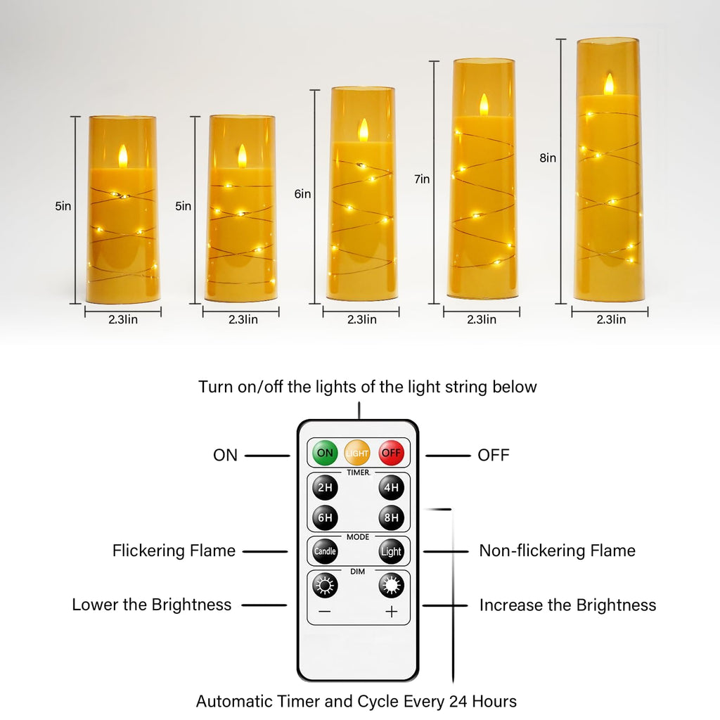 kakoya Flameless LED Candles with Timer 5 Pc Flickering Flameless Candles for Romantic Ambiance and Home Decoration Stable Acrylic Shell,with Embedded Star String，Battery Operated Candles（Red）