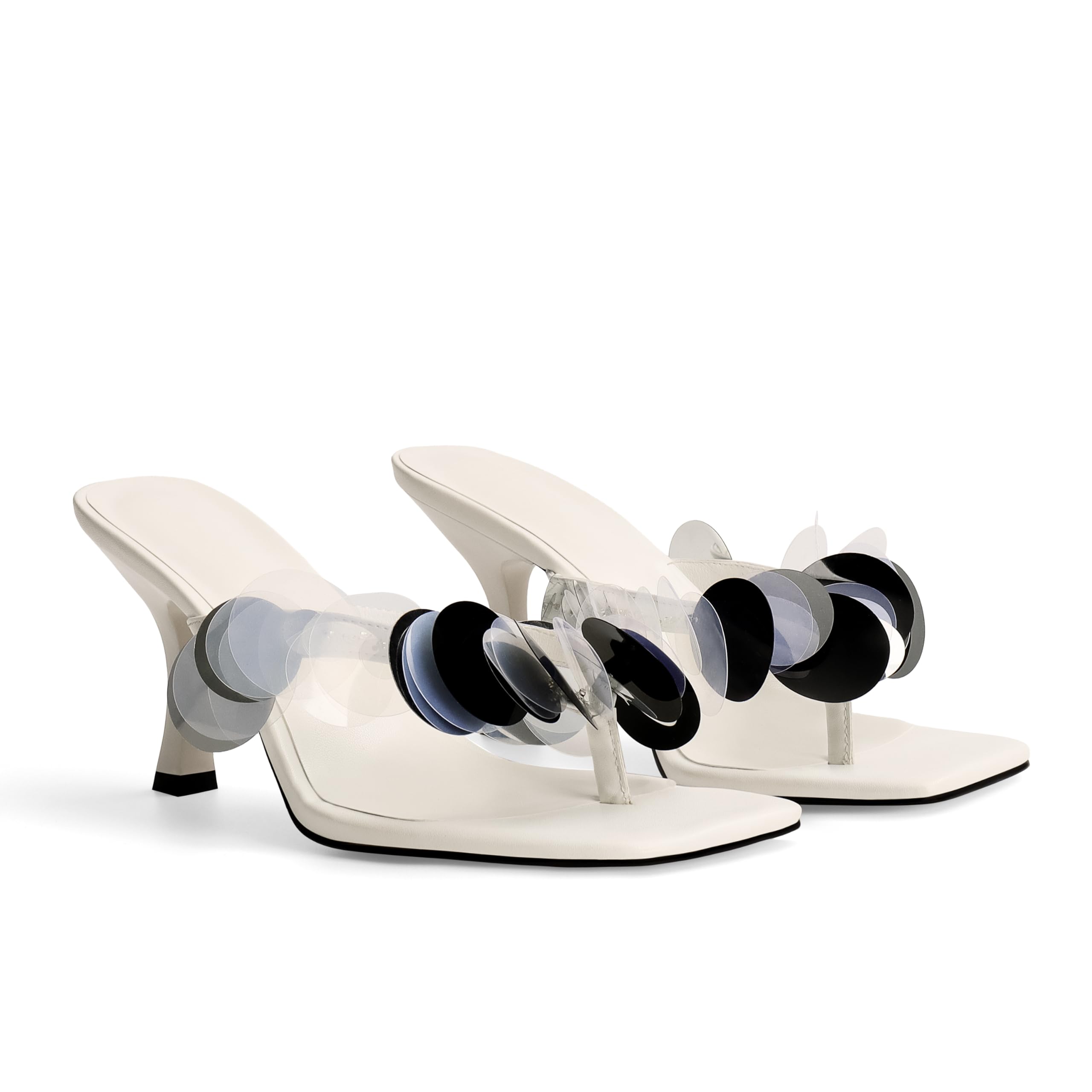 Flip Flop Heels for Women Square Open Strappy Heels Dressy Kitten Heeled Sandals with Plastic Disc Straps Comfortable Slip on Thong Slide
