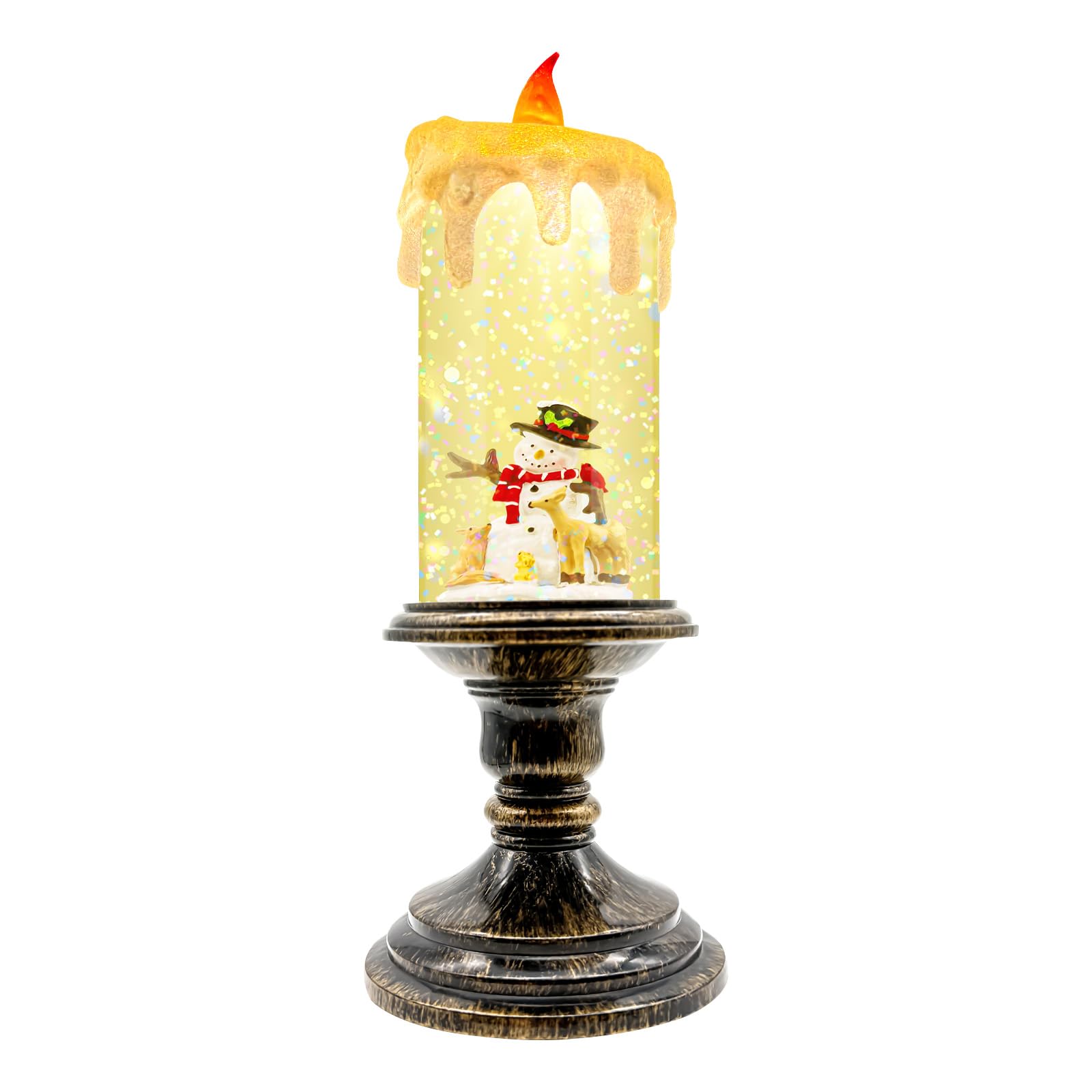 Christmas Snow Globe Candle Lantern with Snowman & Reindeer, Vintage-Style LED with Glitter Swirl & 6H Timer, Battery Operated (3×AA) Holiday Decoration for Tabletop & Mantel