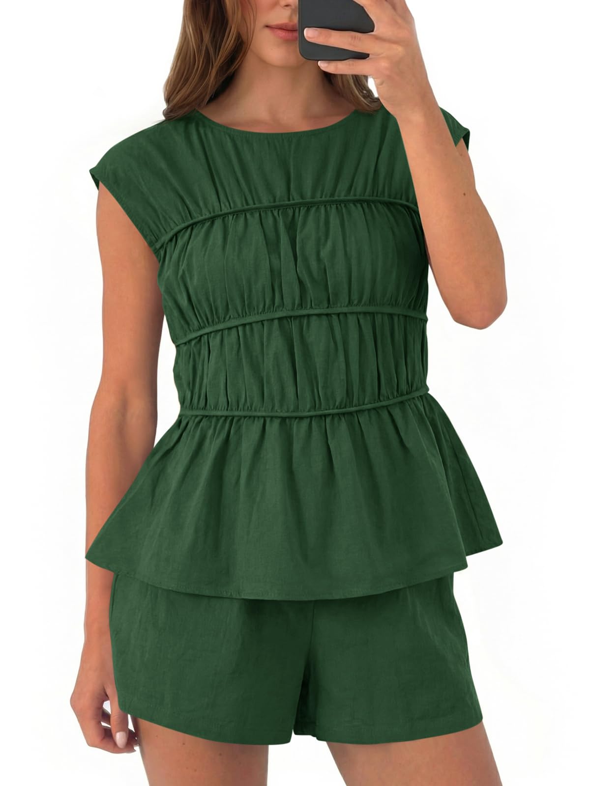 Tankaneo Womens Summer Smocked 2 Piece Short Sets Cap Sleeve Babydoll Peplum Blouse Casual Matching Set Vacation Outfits