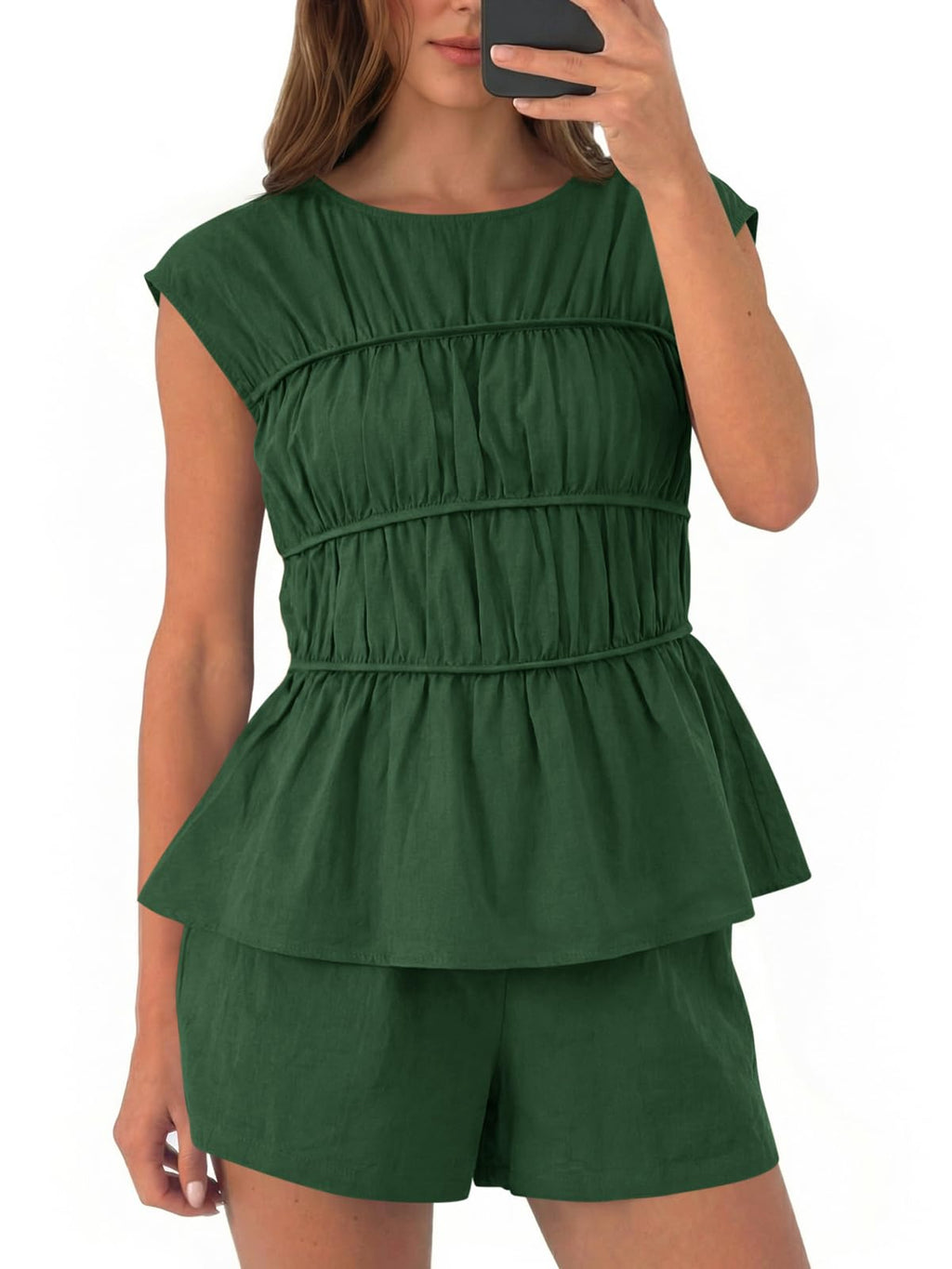 Tankaneo Womens Summer Smocked 2 Piece Short Sets Cap Sleeve Babydoll Peplum Blouse Casual Matching Set Vacation Outfits