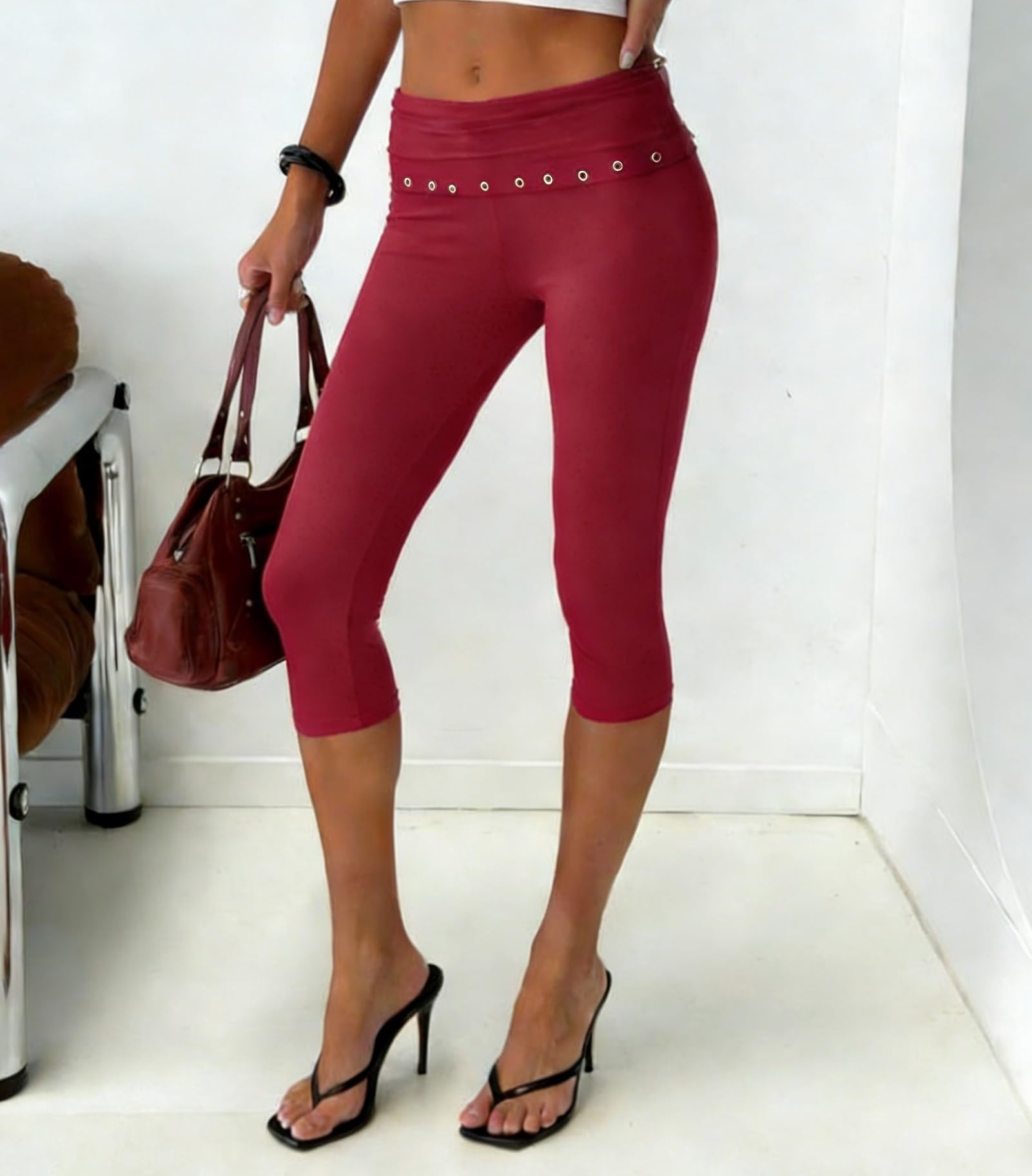 Women Y2k Low Rise Capris Button Grommet Foldover Capri Leggings Split Skinny Cropped Pants Going Out Capris Yoga Pants