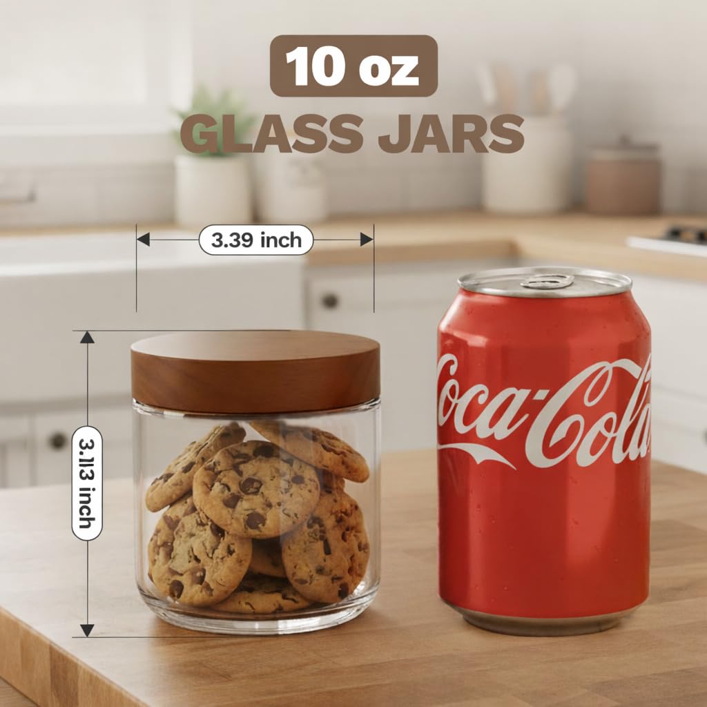 Bumobum 10 oz Small Glass Jars with Lids, Glass Container with Acacia Wood Airtight Lid, Wide Mouth Canisters for Chia Pudding Loose Tea Coffee Meal Prep Parfait Salad Snacks Yogurt Spice, 4-Pack