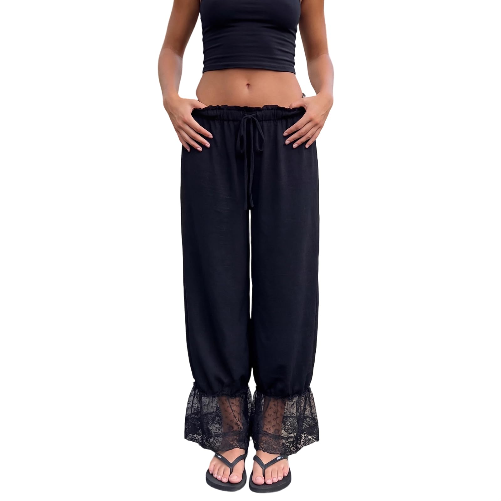 Women Bloomers Pants Y2K Flare Lace Trim Vintage Pantaloons Cute Ruffled Pumpkin Pants Capri Pajama Bottoms