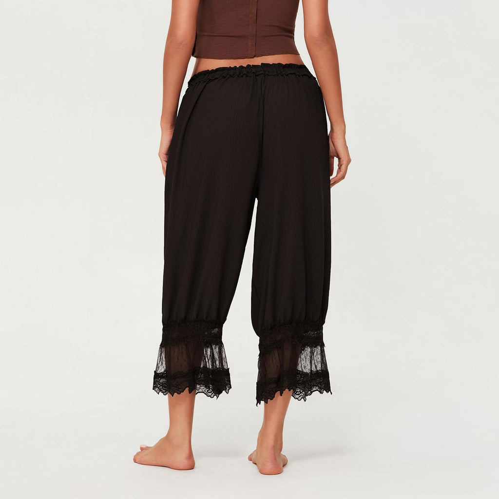 Women Lace Trim Long Bloomers Y2k Elastic Mid Rise Floral Ruffle Pantaloons Flared Slips Pants Pajama Bottoms