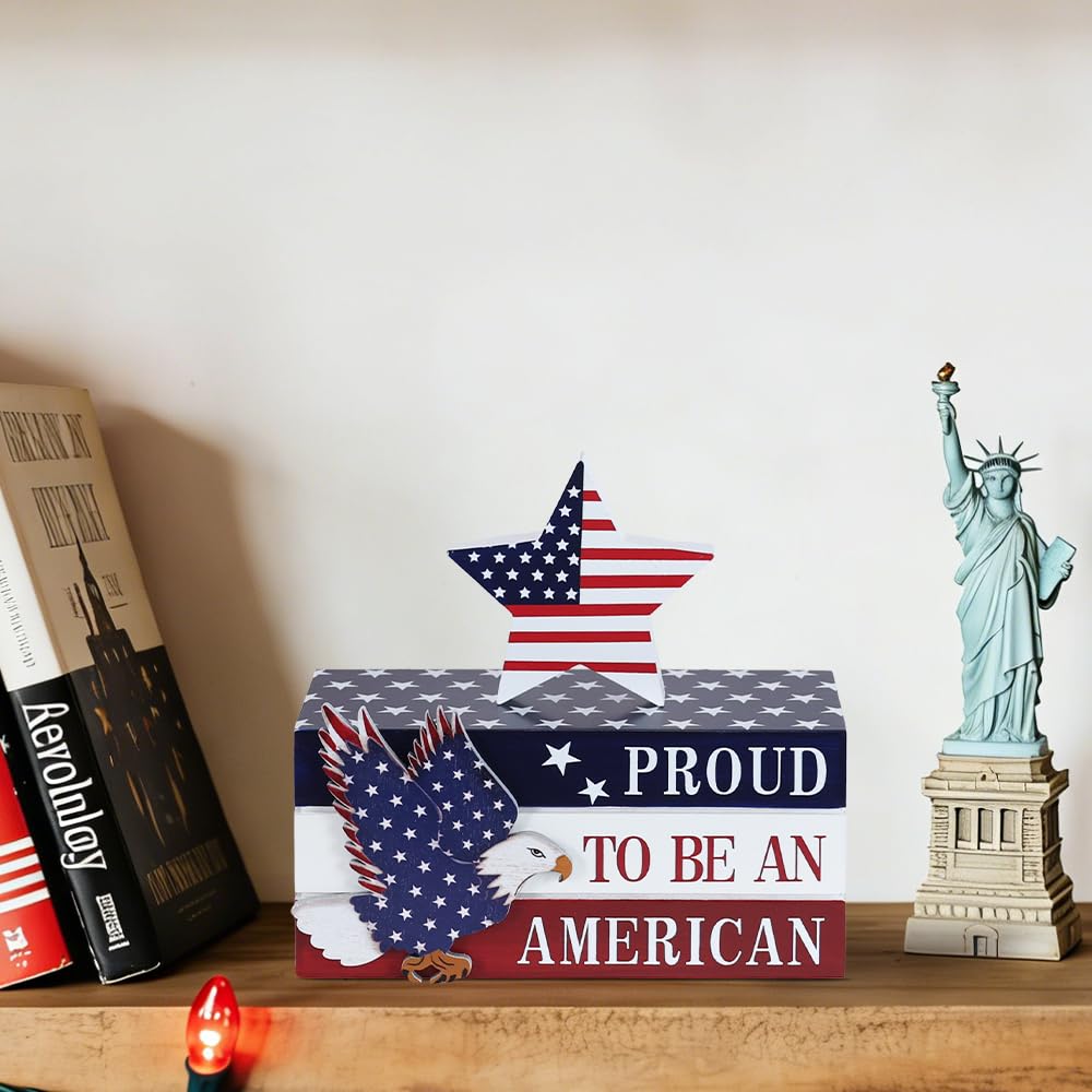 DECSPAS 4th of July Decorations, Memorial Day Decorations, Wooden Stacked Books Sign with Stars, Patriotic Independence Day American Eagle Decor for The Home, Fourth of July, Tiered Tray Table Mantel