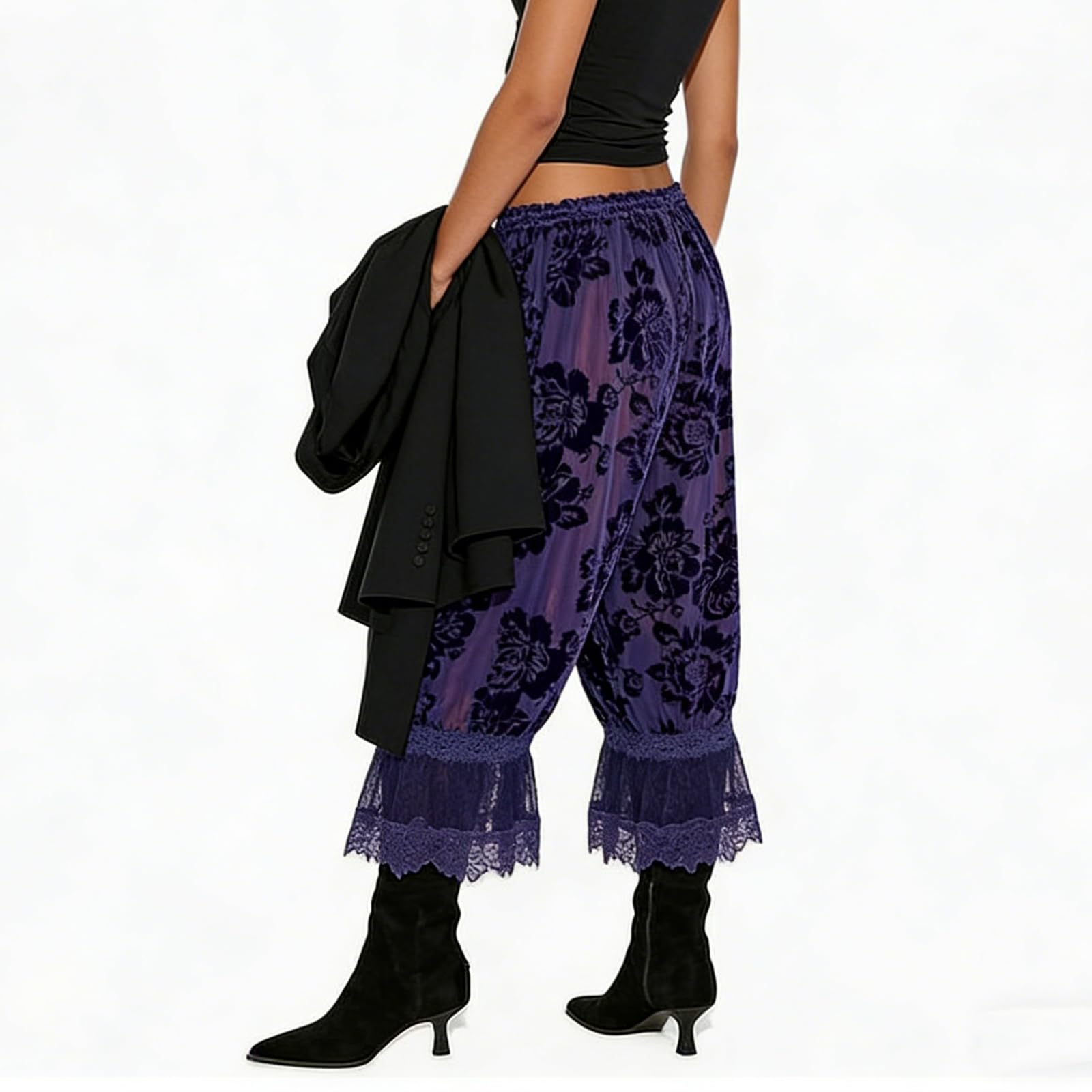 Women Lace Trim Long Bloomers Y2k Elastic Mid Rise Floral Ruffle Pantaloons Flared Slips Pants Pajama Bottoms