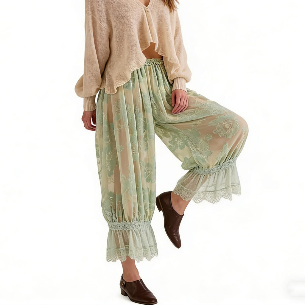Women Lace Trim Long Bloomers Y2k Elastic Mid Rise Floral Ruffle Pantaloons Flared Slips Pants Pajama Bottoms