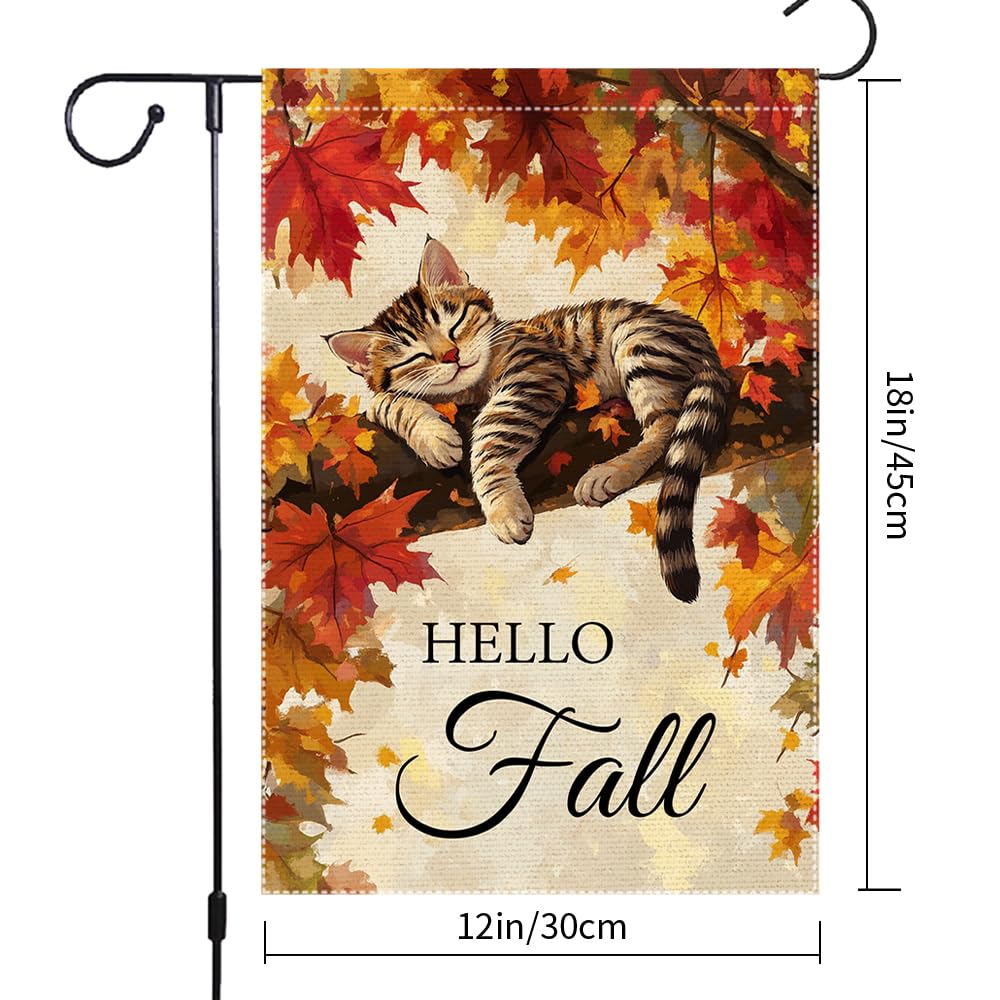 Hello Fall Garden Flag Cat Garden Flags 12x18 Inch Double Sided Vertical Autumn Farmhouse Home Decor Yard Lawn Outdoor Decorations