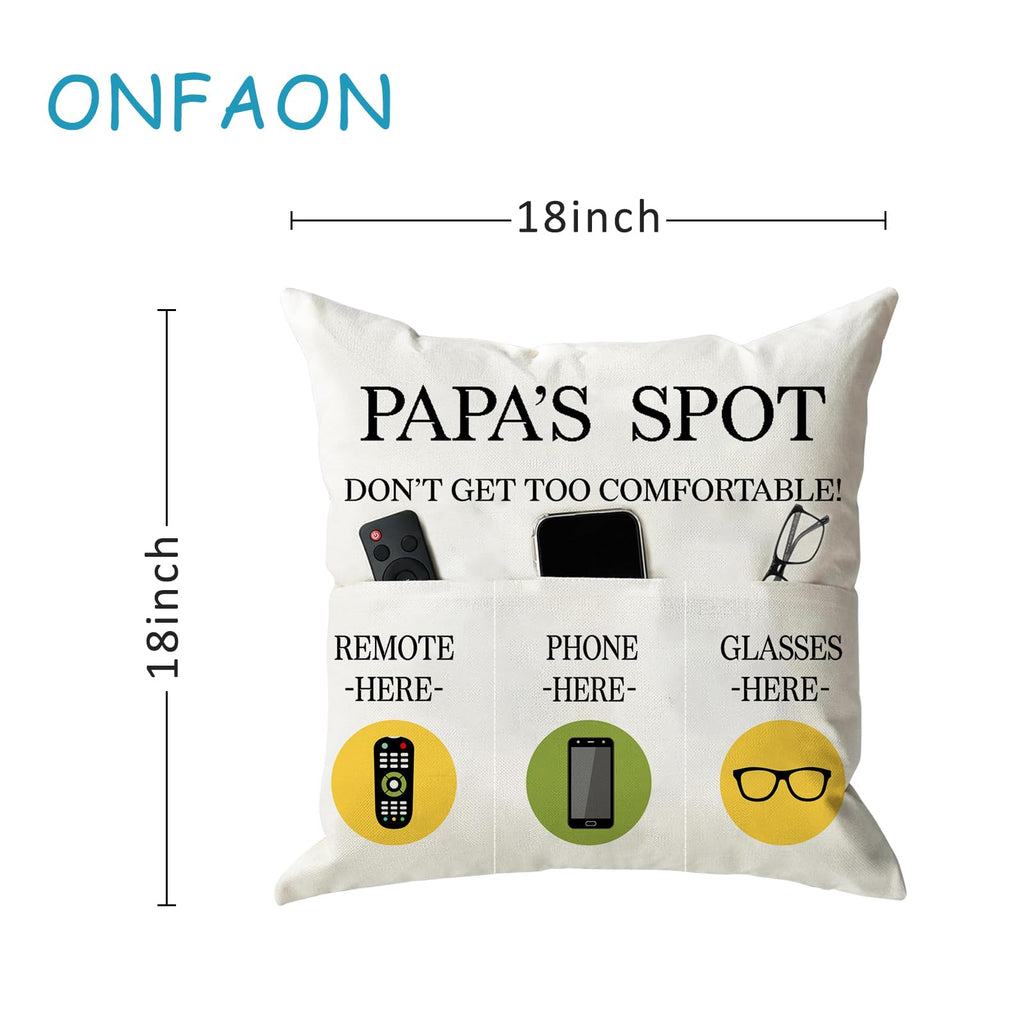 ONFAON Grandpa Gifts,Grandpa's Spot Throw Pillow Covers 18x18 Inch,Put Phone Glasses and Remote Control Pillowcase,Birthday Christmas Thanksgiving Day Gifts for Grandpa Stepdad,3-Pocket