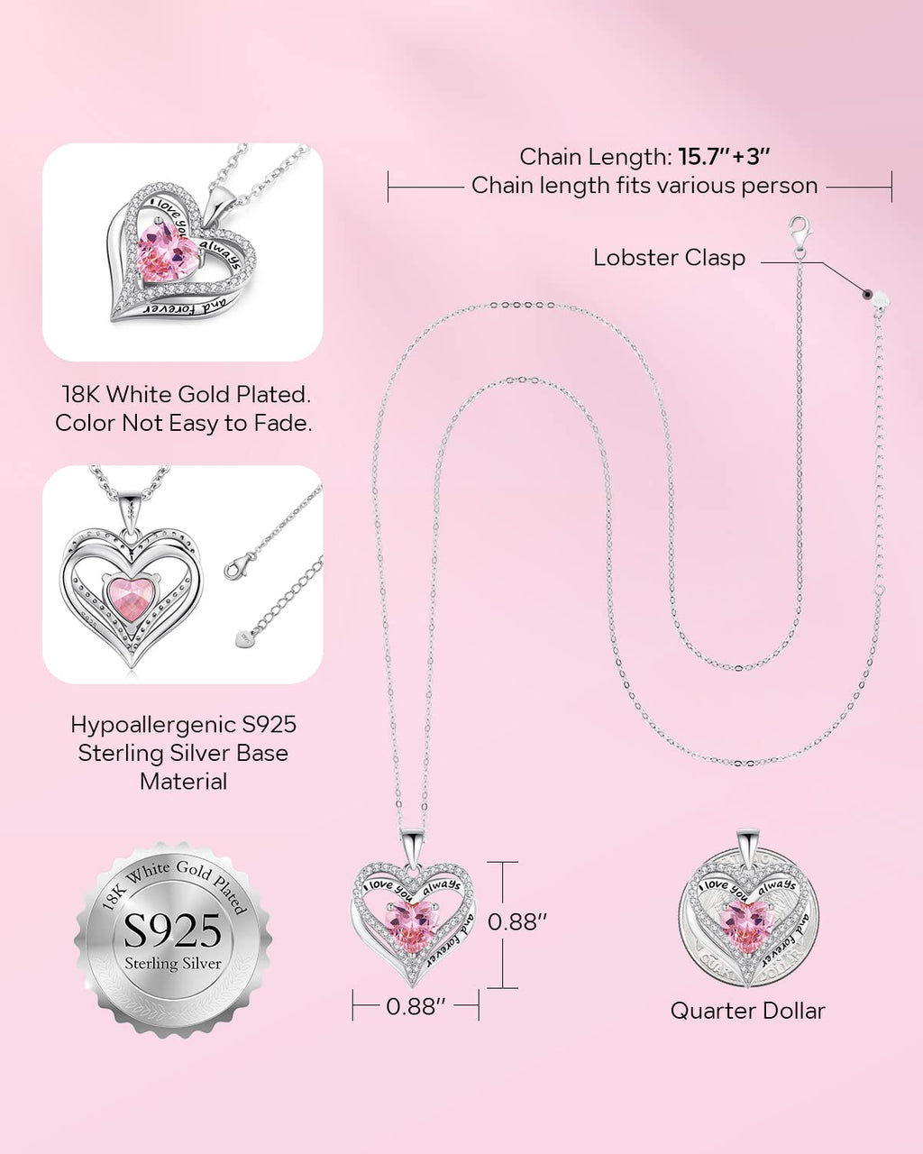 S925 Sterling Silver Necklace for Women, Wife Jewelry Rose Gold, Mom Birthday Valentines Mothers Day Gifts, Girlfriend Necklaces, Daughter Heart Jewel, Anniversary for Her