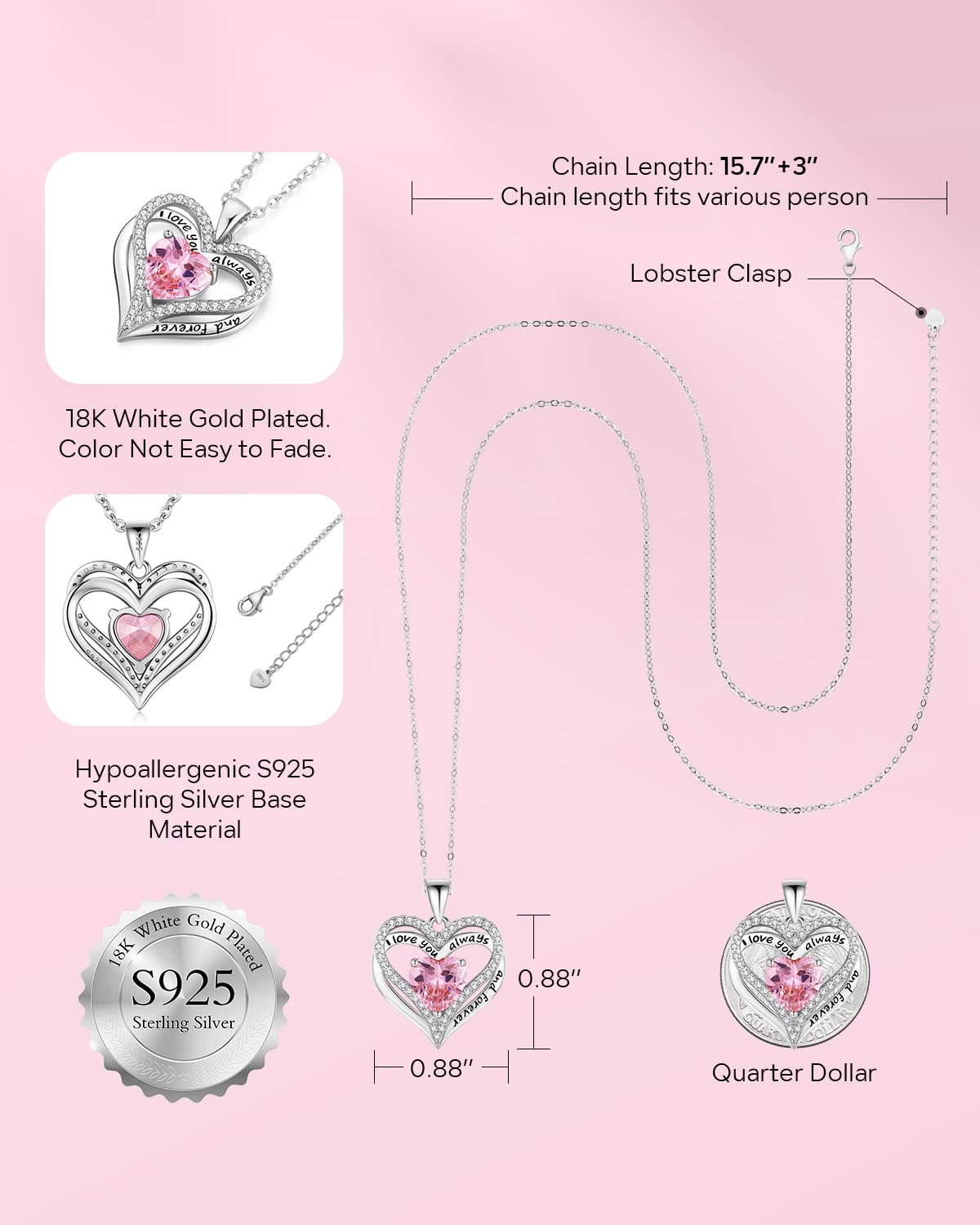 S925 Sterling Silver Necklace for Women, Wife Jewelry Rose Gold, Mom Birthday Valentines Mothers Day Gifts, Girlfriend Necklaces, Daughter Heart Jewel, Anniversary for Her