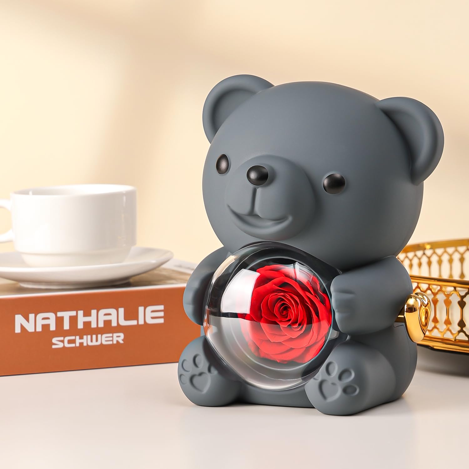Cute Teddy Bear with Preserved Rose - A Real Rose Flower in Bear with Elegant Gift Box - Romantic Gift for Her in Mother's Day, Weddings, Anniversaries, and Bridal Showers (Red)