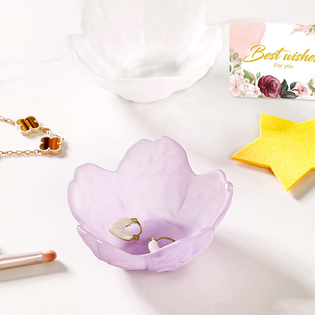 Purple Flower Jewelry Dish Glass Ring Holder Dish Jewelry Tray Cute Vanity Organizer Aesthetic Nightstand Bathroom Room Decor Trinket Dish Mothers Day Friendship Christmas Birthday Gifts for Women