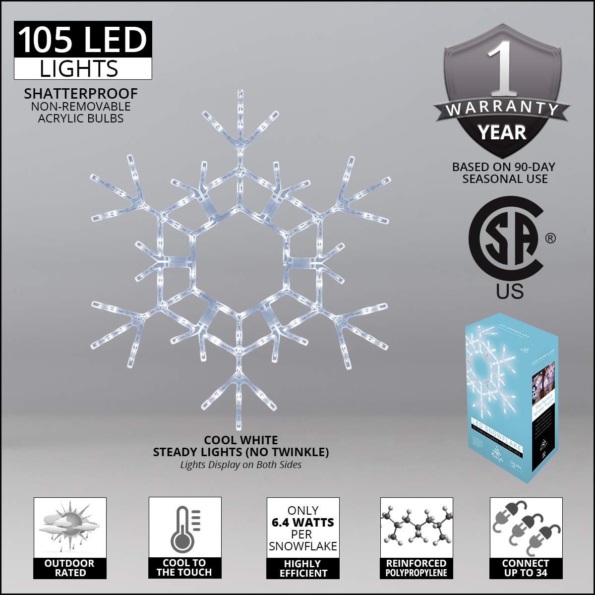 Kringle Traditions Christmas Snowflake Lights Outdoor, 105 LED 36" Folding Warm White Snowflake Hanging Light, Weather-Resistant Christmas Decoration for Yard, Window, Porch, or Eave